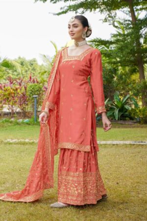 Buy Elegant Embroidered Chinon Sharara Suit with Sequins Detailing