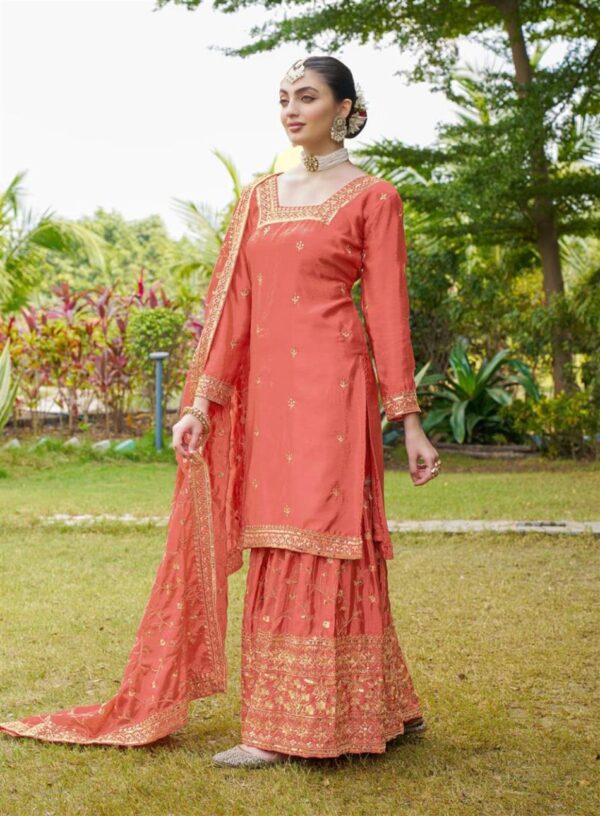 Buy Elegant Embroidered Chinon Sharara Suit with Sequins Detailing