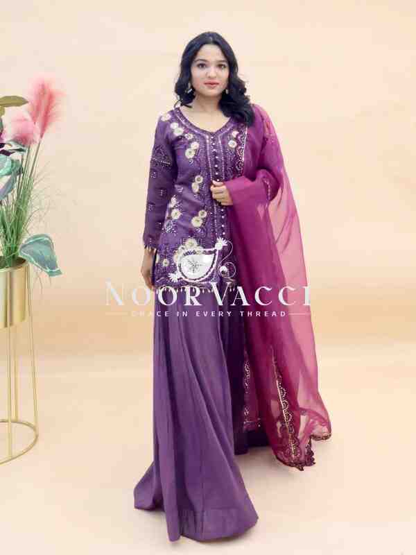 Simar Silk Embroidered Top Palazzo Set with Organza Dupatta