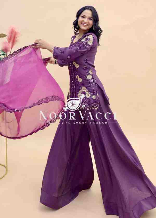 Simar Silk Embroidered Top Palazzo Set with Organza Dupatta - Image 3