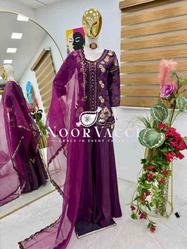 Simar Silk Embroidered Top Palazzo Set with Organza Dupatta - Image 6