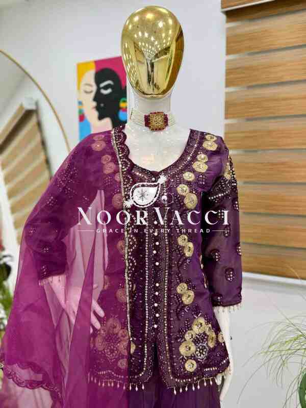 Simar Silk Embroidered Top Palazzo Set with Organza Dupatta - Image 7