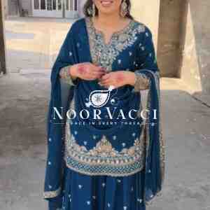 Chinon Silk Embroidered Plazo Set with Lace-Border Dupatta