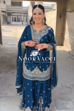 Buy Chinon Silk Embroidered Plazo Set with Lace-Border Dupatta