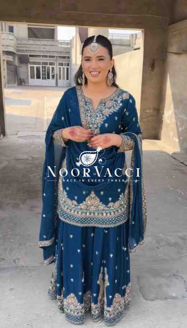 Chinon Silk Embroidered Plazo Set with Lace-Border Dupatta