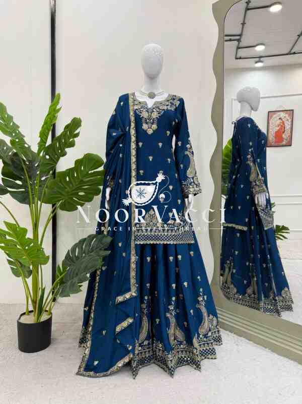 Chinon Silk Embroidered Plazo Set with Lace-Border Dupatta - Image 3