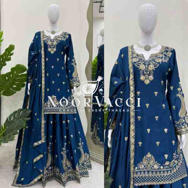 Chinon Silk Embroidered Plazo Set with Lace-Border Dupatta - Image 2