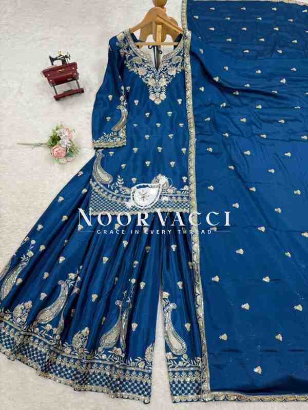 Chinon Silk Embroidered Plazo Set with Lace-Border Dupatta - Image 4