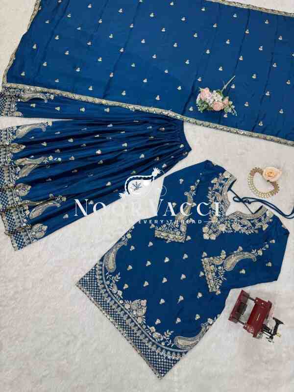 Chinon Silk Embroidered Plazo Set with Lace-Border Dupatta - Image 5
