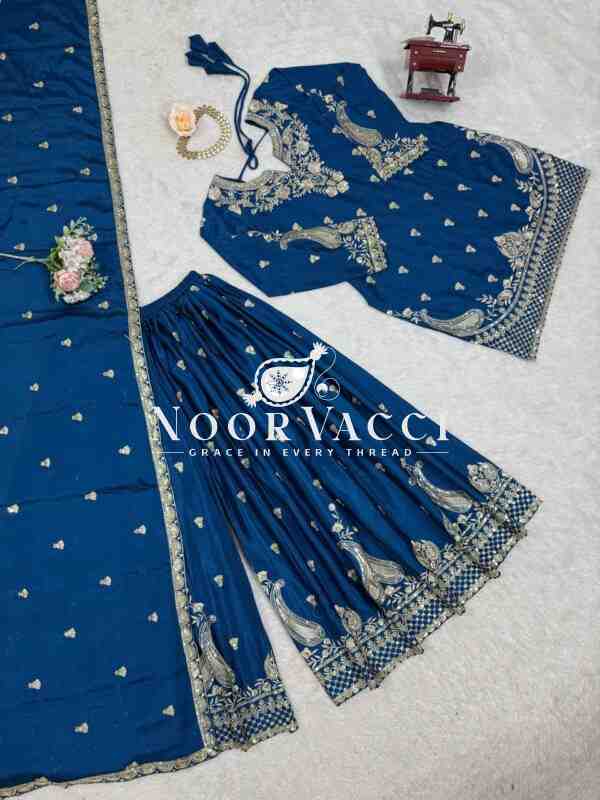 Chinon Silk Embroidered Plazo Set with Lace-Border Dupatta - Image 6