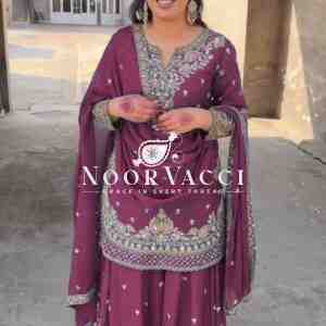 Chinon Silk Embroidered Plazo Set with Lace-Border Dupatta
