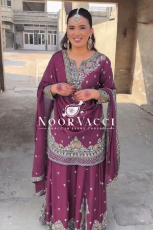 Shop Chinon Silk Embroidered Plazo Set with Lace-Border Dupatta