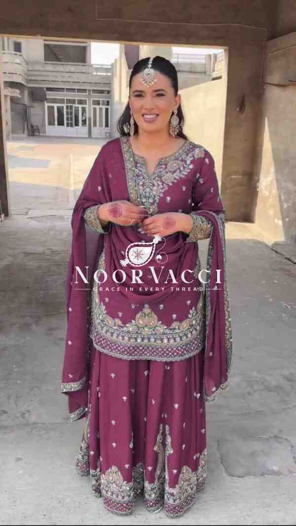 Chinon Silk Embroidered Plazo Set with Lace-Border Dupatta