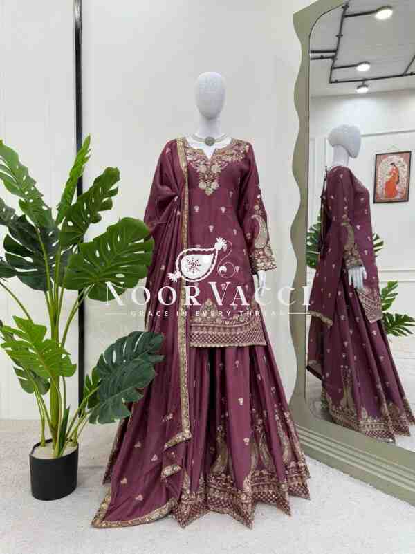 Chinon Silk Embroidered Plazo Set with Lace-Border Dupatta - Image 4