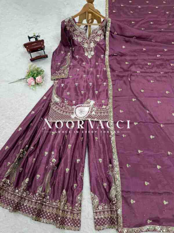 Chinon Silk Embroidered Plazo Set with Lace-Border Dupatta - Image 5