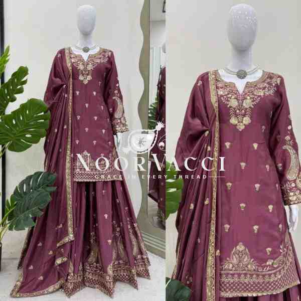 Chinon Silk Embroidered Plazo Set with Lace-Border Dupatta - Image 3