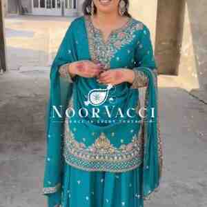 Chinon Silk Embroidered Plazo Set with Lace-Border Dupatta