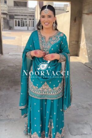 Shop Chinon Silk Embroidered Plazo Set with Lace-Border Dupatta