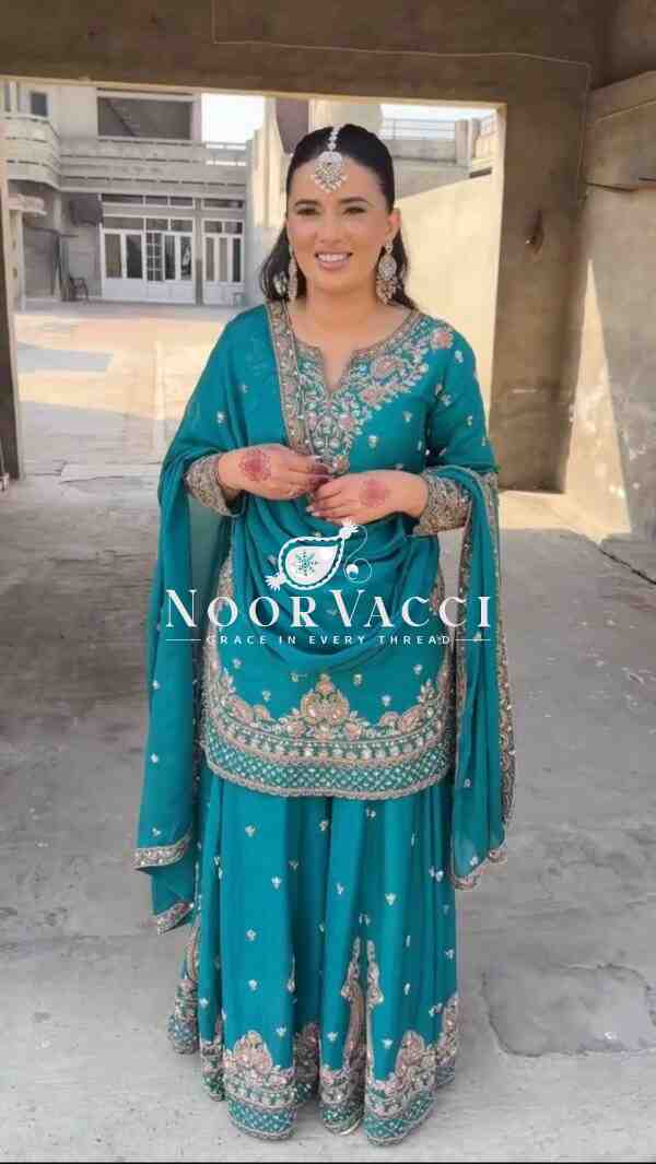 Chinon Silk Embroidered Plazo Set with Lace-Border Dupatta