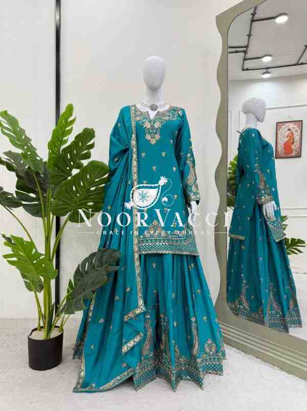 Chinon Silk Embroidered Plazo Set with Lace-Border Dupatta - Image 3