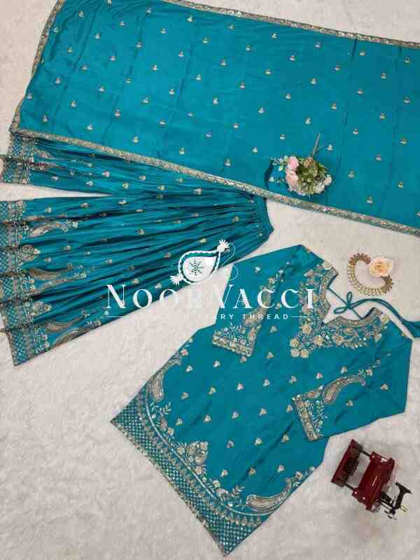 Chinon Silk Embroidered Plazo Set with Lace-Border Dupatta - Image 5
