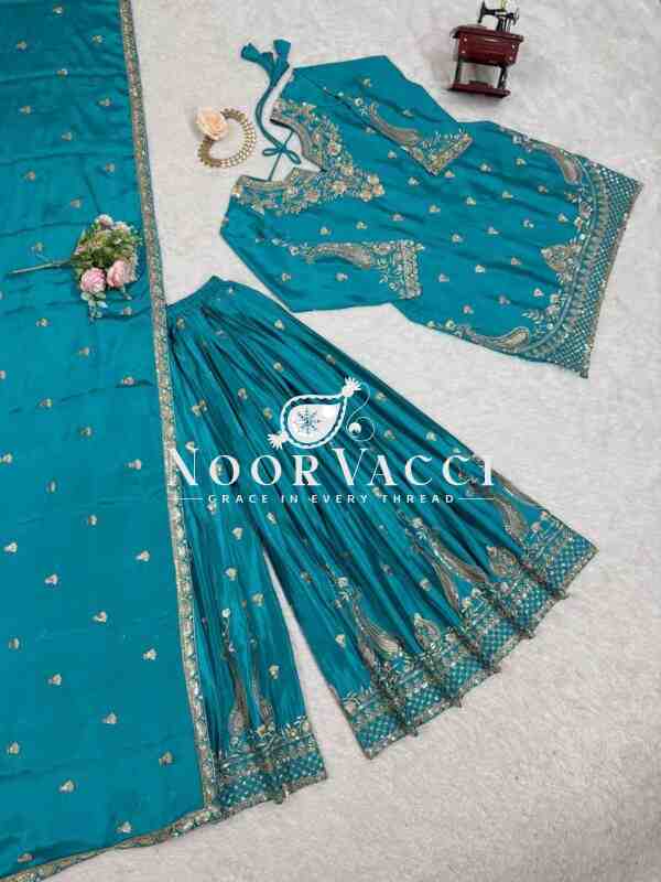Chinon Silk Embroidered Plazo Set with Lace-Border Dupatta - Image 6