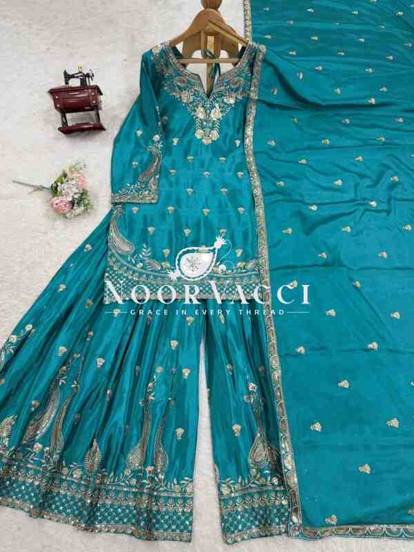 Chinon Silk Embroidered Plazo Set with Lace-Border Dupatta - Image 4