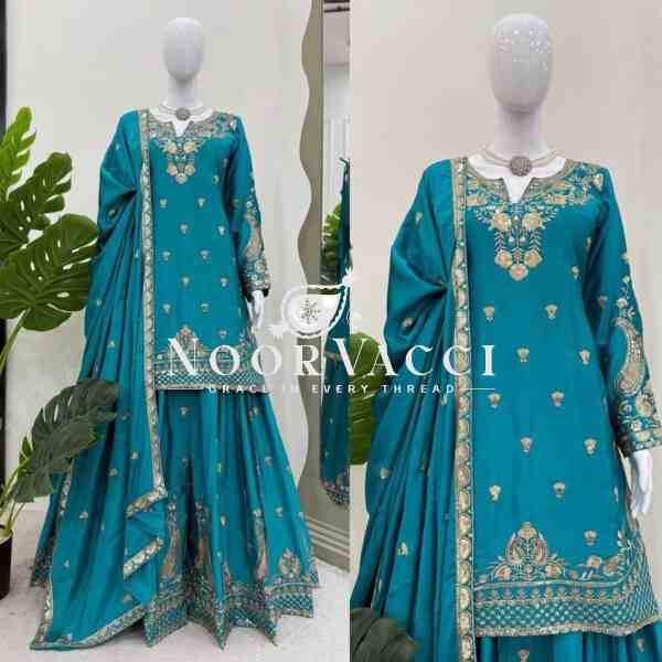 Chinon Silk Embroidered Plazo Set with Lace-Border Dupatta - Image 2