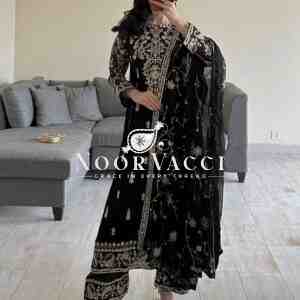 Faux Georgette Embroidered Set with Lace-Border Dupatta