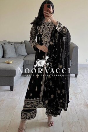 Buy Faux Georgette Embroidered Set with Lace-Border Dupatta