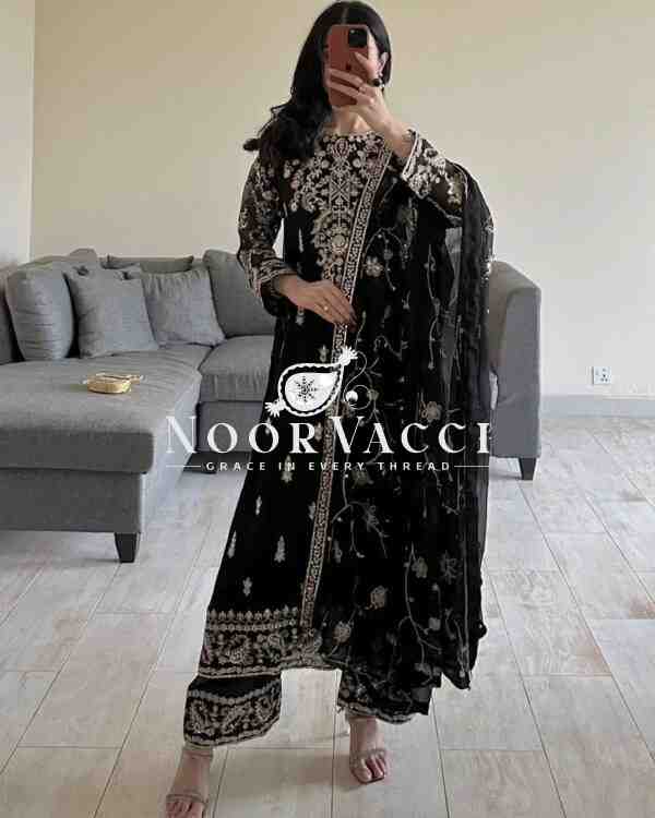 Faux Georgette Embroidered Set with Lace-Border Dupatta