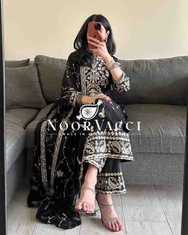 Faux Georgette Embroidered Set with Lace-Border Dupatta - Image 2