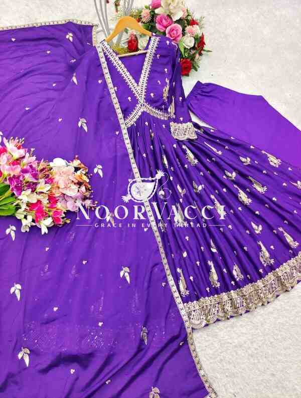 Pure Chinon Silk Aliya-Cut Gown-Pant Set with Embroidered Dupatta - Image 4