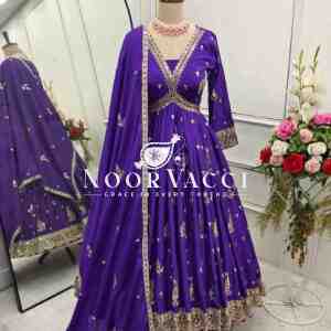 Pure Chinon Silk Aliya-Cut Gown-Pant Set with Embroidered Dupatta