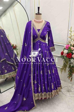 Buy Pure Chinon Silk Aliya-Cut Gown-Pant Set with Embroidered Dupatta