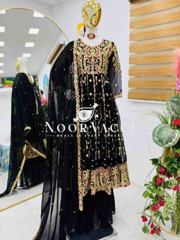 Fox Georgette Embroidered Long Top Palazzo Set with Dupatta - Image 7