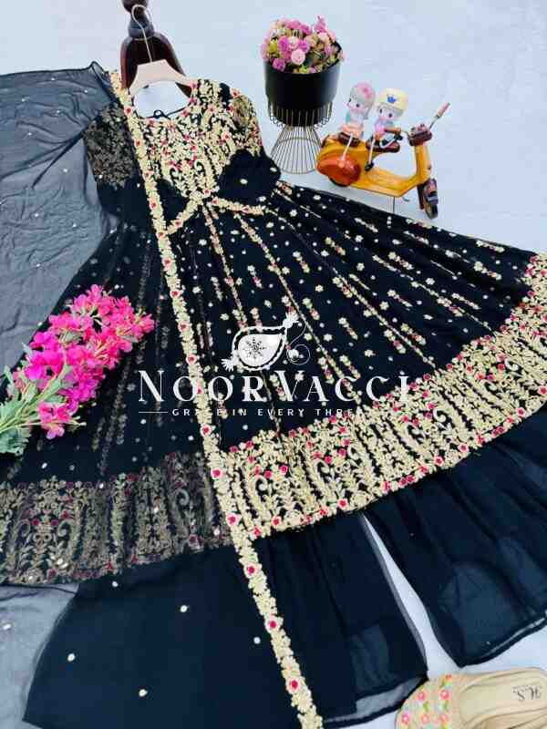 Fox Georgette Embroidered Long Top Palazzo Set with Dupatta - Image 10