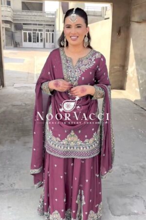 Buy Chinon Silk Embroidered Sharara Set with Dupatta – Party Wear Elegance