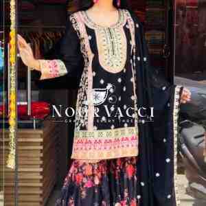 Chinon Silk Embroidered Party Top Palazzo Set with Dupatta