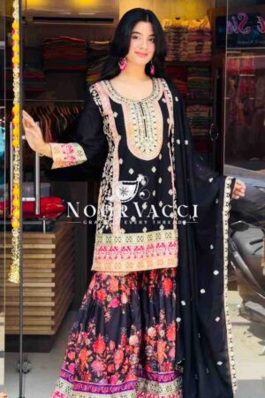 Shop Chinon Silk Embroidered Party Top Palazzo Set with Dupatta