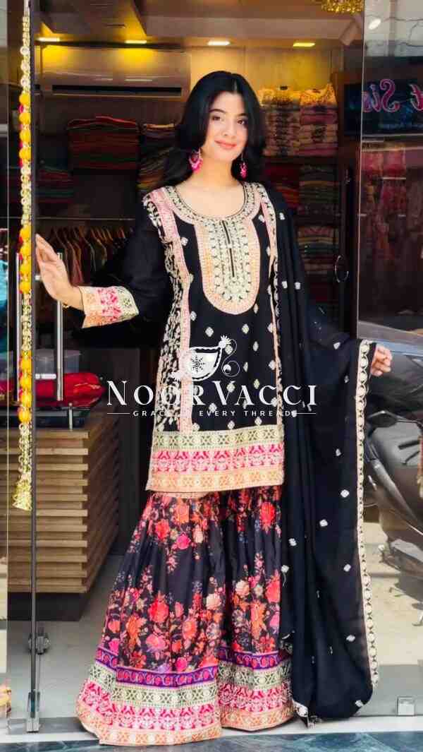 Chinon Silk Embroidered Party Top Palazzo Set with Dupatta