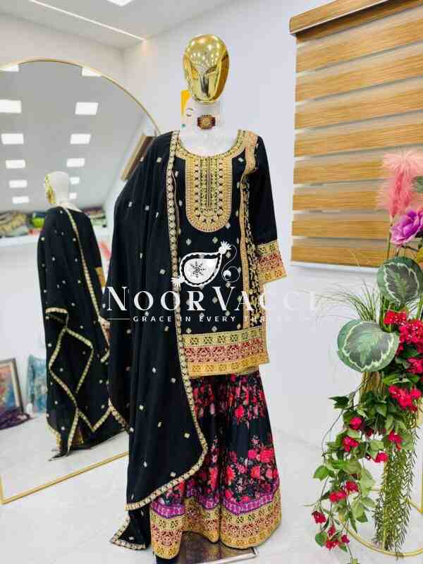 Chinon Silk Embroidered Party Top Palazzo Set with Dupatta - Image 2