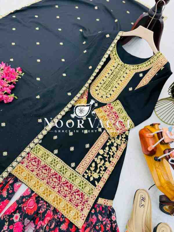 Chinon Silk Embroidered Party Top Palazzo Set with Dupatta - Image 5