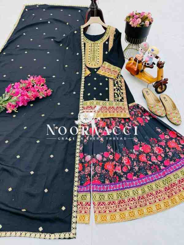 Chinon Silk Embroidered Party Top Palazzo Set with Dupatta - Image 4