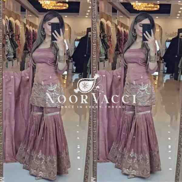 Elegant Party Wear Neutral Silk Suit Set with Heavy Embroidery & Fancy Sarara Plazo - Image 2