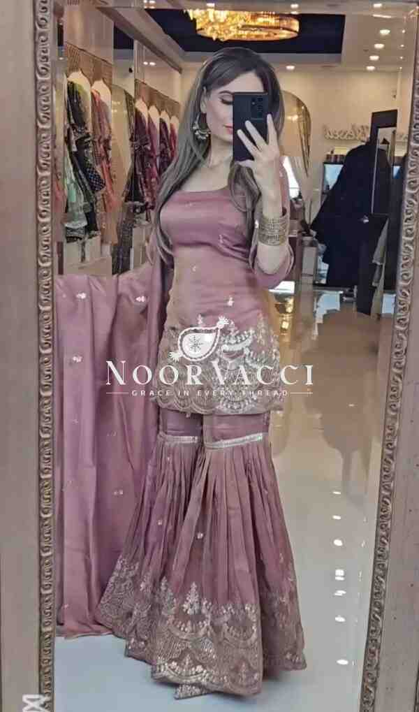 Elegant Party Wear Neutral Silk Suit Set with Heavy Embroidery & Fancy Sarara Plazo - Image 3