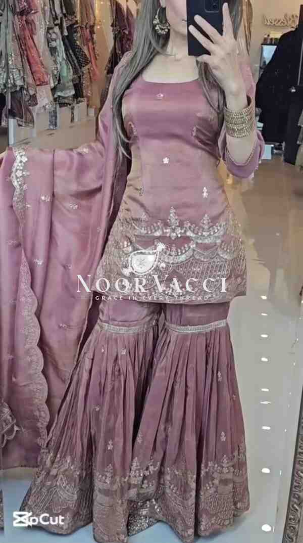 Elegant Party Wear Neutral Silk Suit Set with Heavy Embroidery & Fancy Sarara Plazo - Image 5