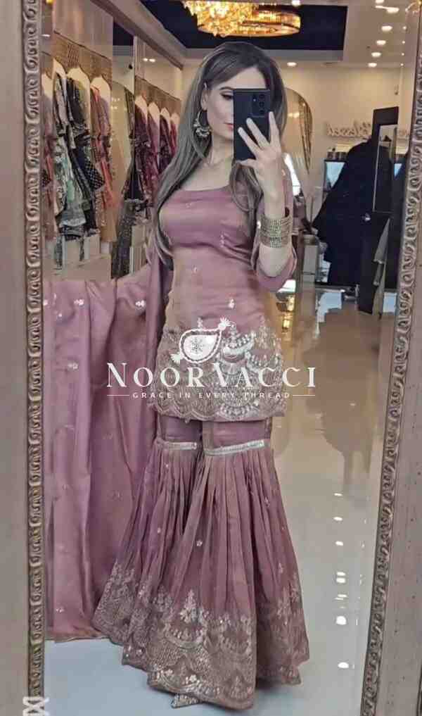 Elegant Party Wear Neutral Silk Suit Set with Heavy Embroidery & Fancy Sarara Plazo - Image 6