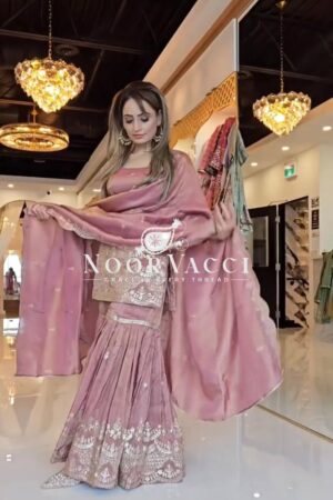 Shop Elegant Party Wear Neutral Silk Suit Set with Heavy Embroidery & Fancy Sarara Plazo