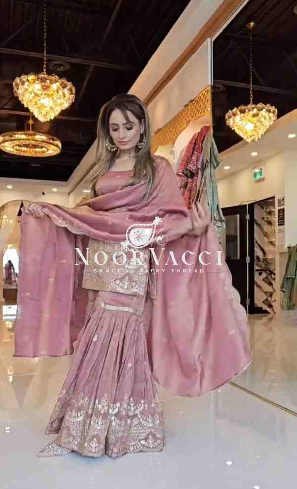 Elegant Party Wear Neutral Silk Suit Set with Heavy Embroidery & Fancy Sarara Plazo